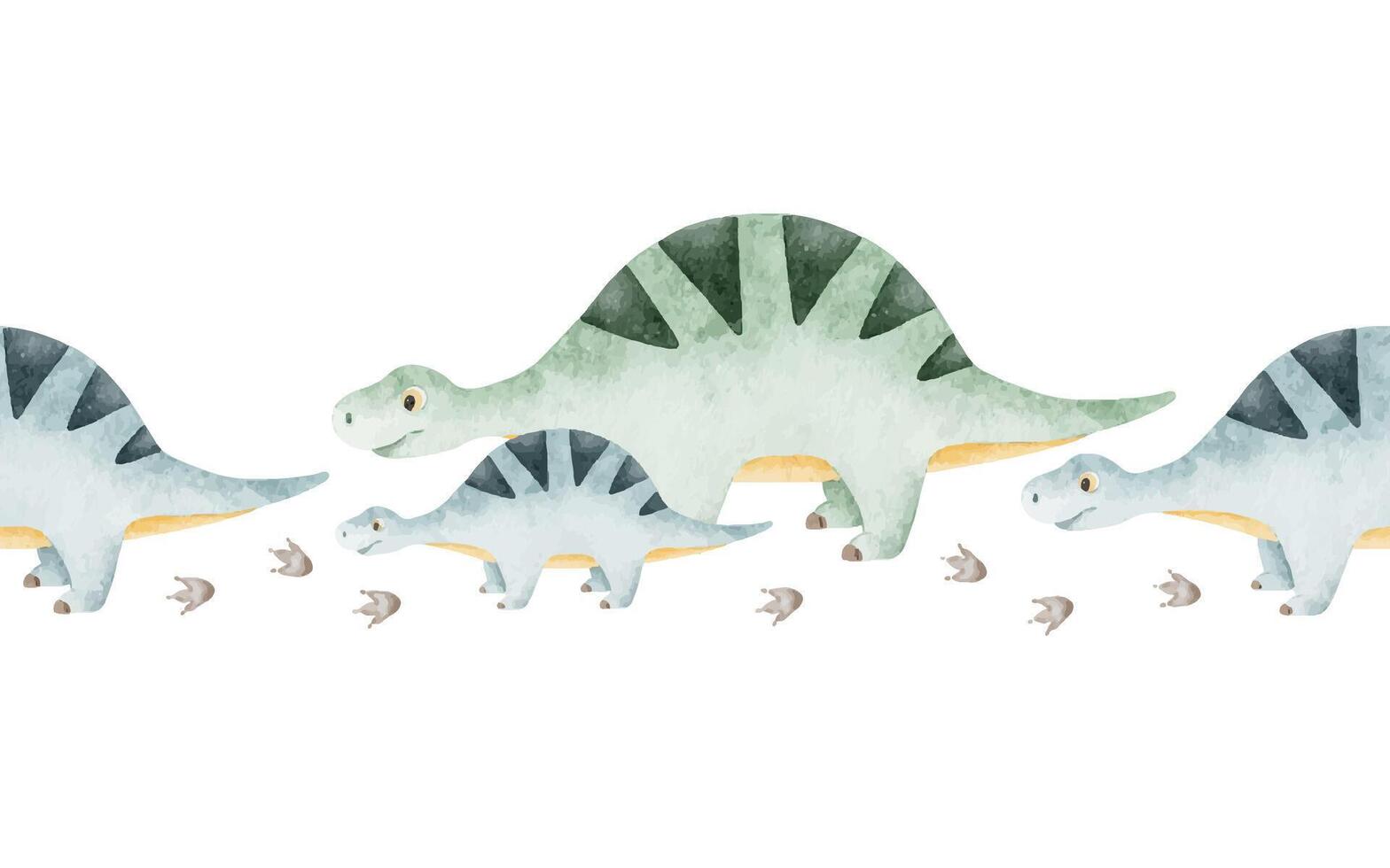 Cute blue sauropod dinosaurs and footprints. Childish frame with dinos. Isolated hand drawn Watercolor seamless border for design kid's rooms, scrapbook, textile vector
