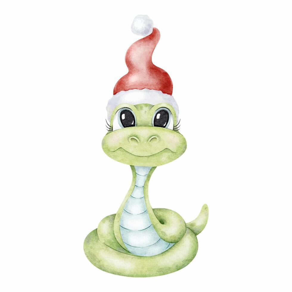 Year of the snake. Cute green snake wearing Santa Claus hat. Sign Chinese New Year 2025. Isolated hand drawn Watercolor illustration. Symbol of the 2025 for Christmas cards, calendar vector