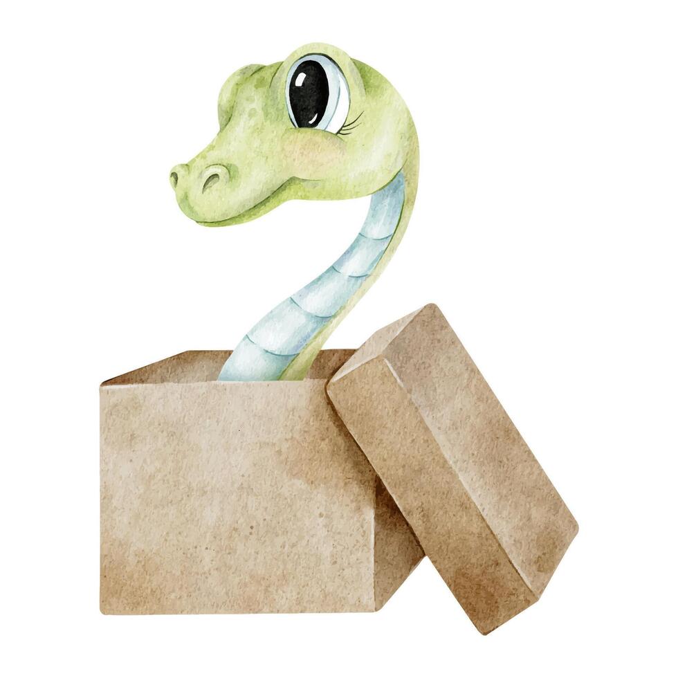 Cute green snake got out of the box. Year of the snake. Sign Chinese New Year 2025. Isolated hand drawn Watercolor illustration. Symbol of the 2025 for Christmas cards, calendar vector