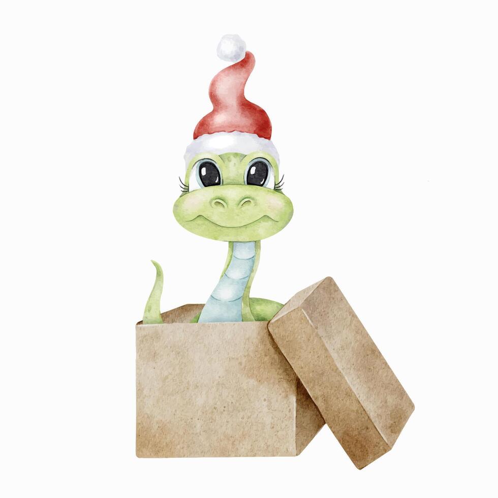 Year of the snake. Cute green snake wearing Santa Claus hat got out of box. Sign Chinese New Year 2025. Isolated hand drawn Watercolor illustration. Symbol of the 2025 for Christmas cards, calendar vector