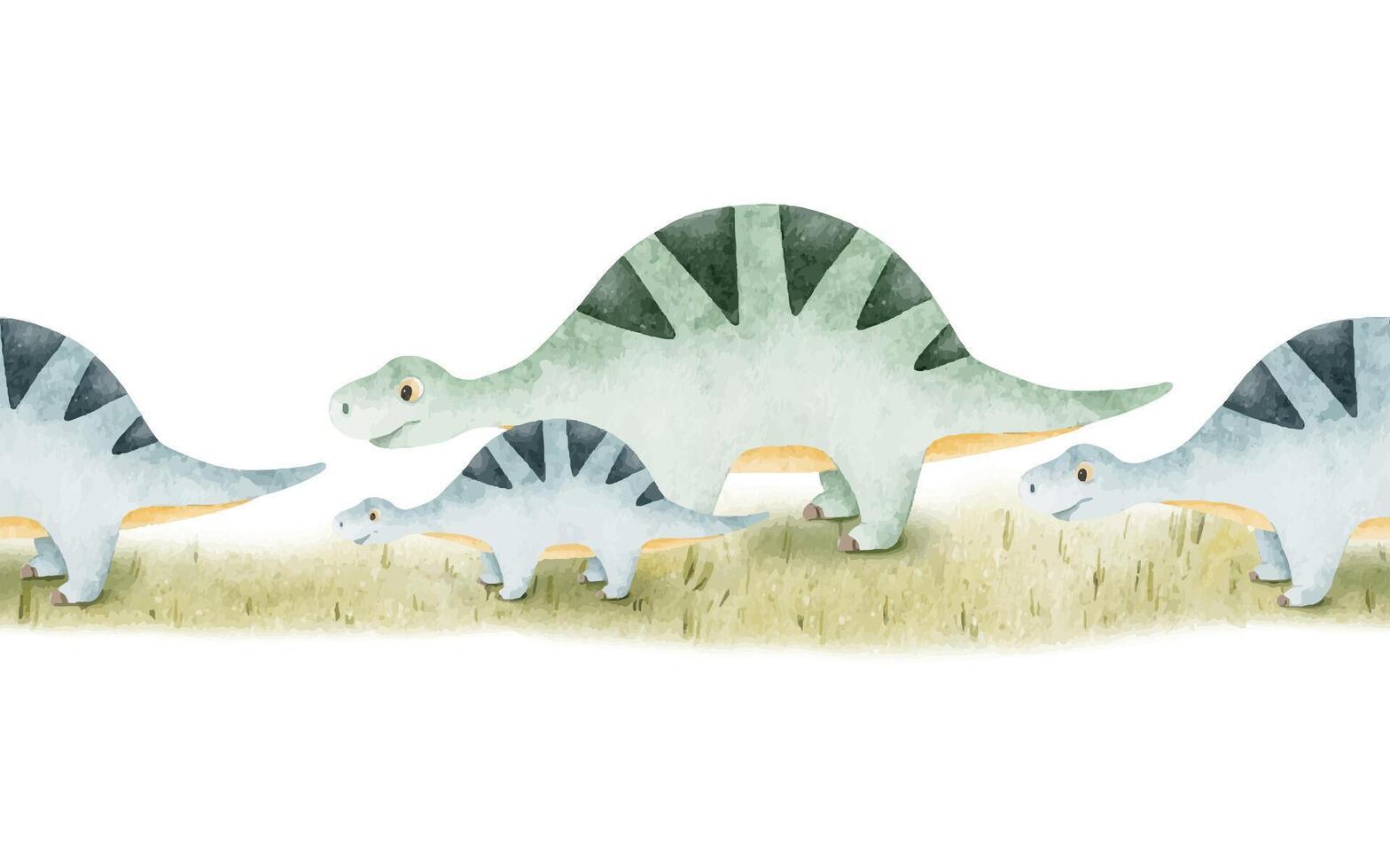 Cute blue sauropod dinosaurs on meadow. Childish frame with dinos. Isolated hand drawn Watercolor seamless border for design kid's clothes, wallpaper, decoration of kid's rooms vector