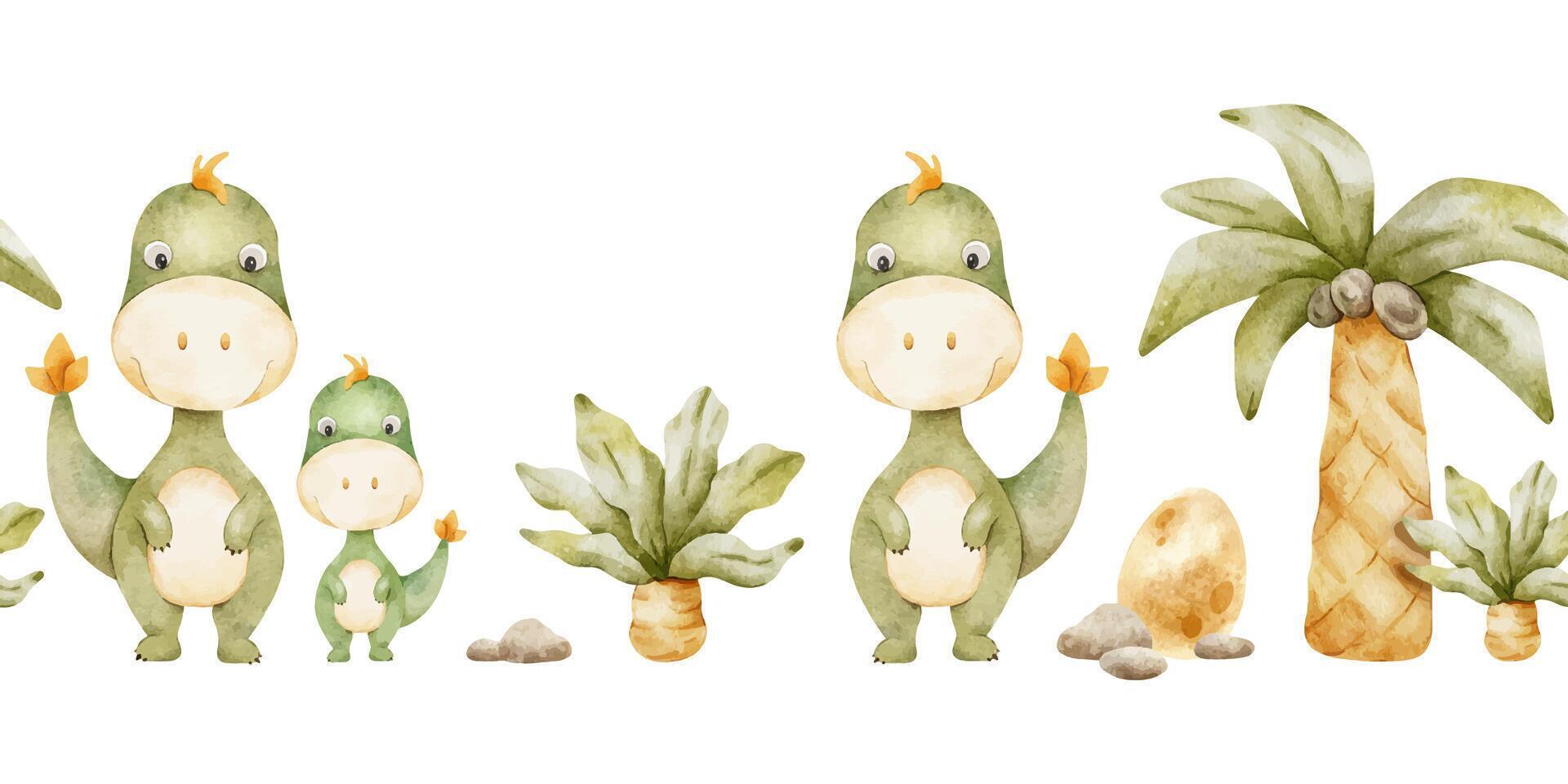 Mommy and baby dinosaurs, dino nest with egg, Palm trees and stones . Watercolor seamless border of dino. Banner of rex dino for children's invitation cards, baby shower, decoration of kid's rooms vector