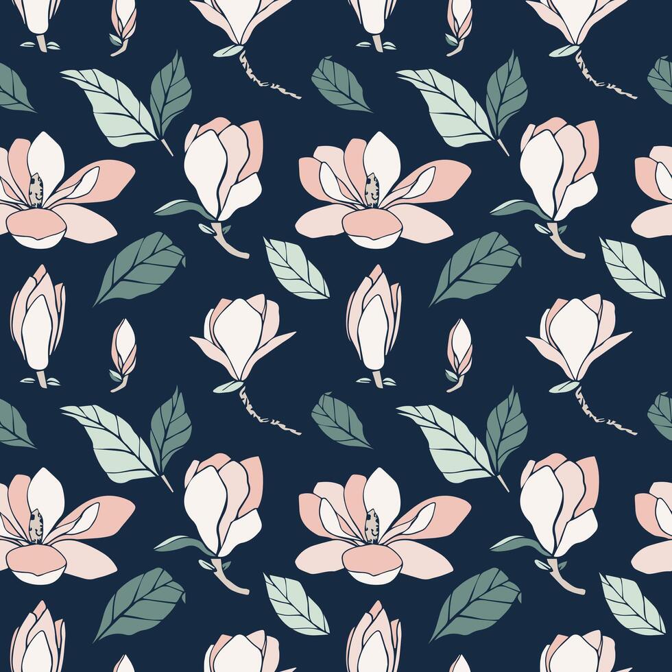 seamless pattern with magnolia flower silhouette in soft pastel color on blue background. flower bud of different shapes for wedding design, prints, templates, greeting cards, invitations. vector