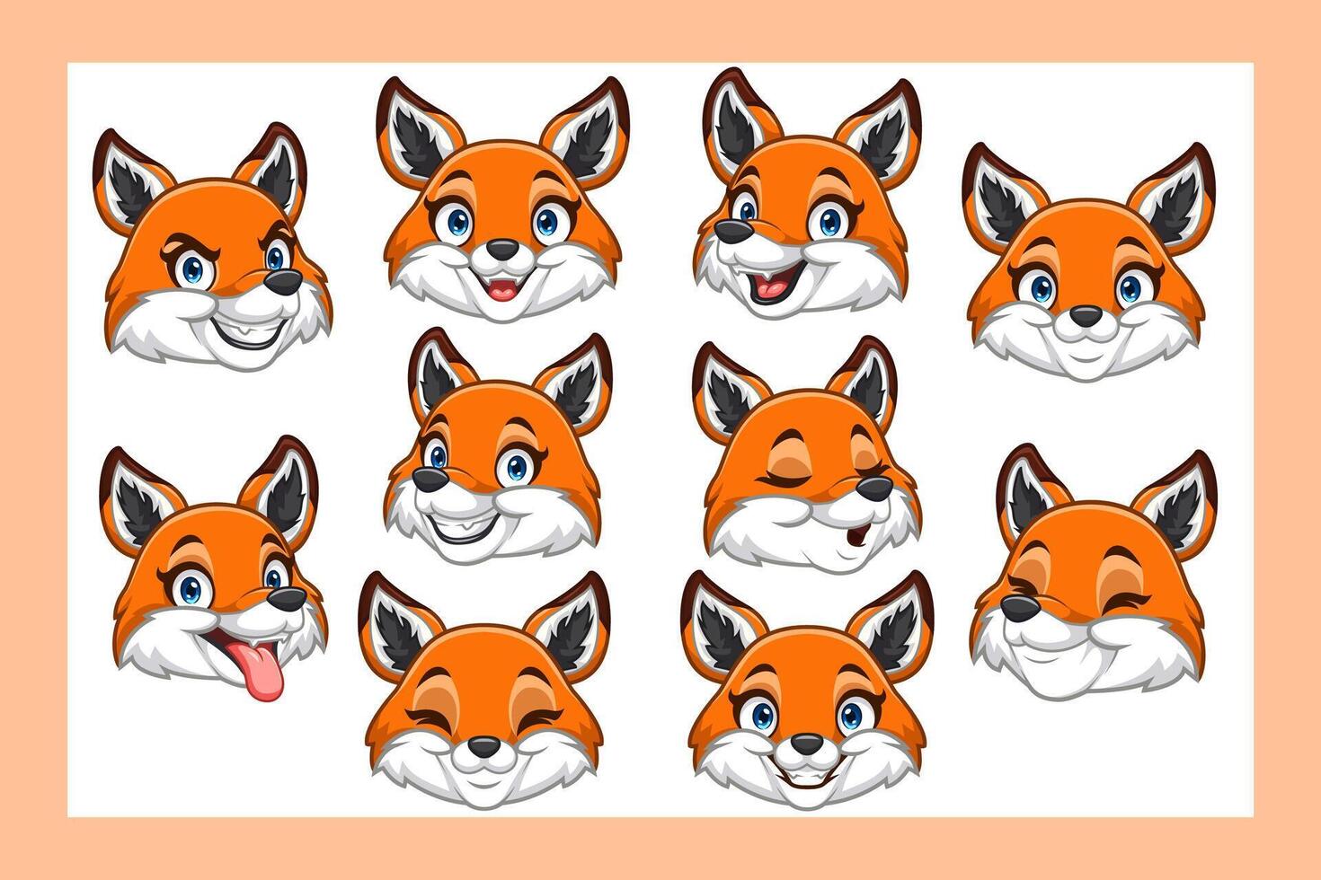 Collection of cartoon fox heads with various expressions vector