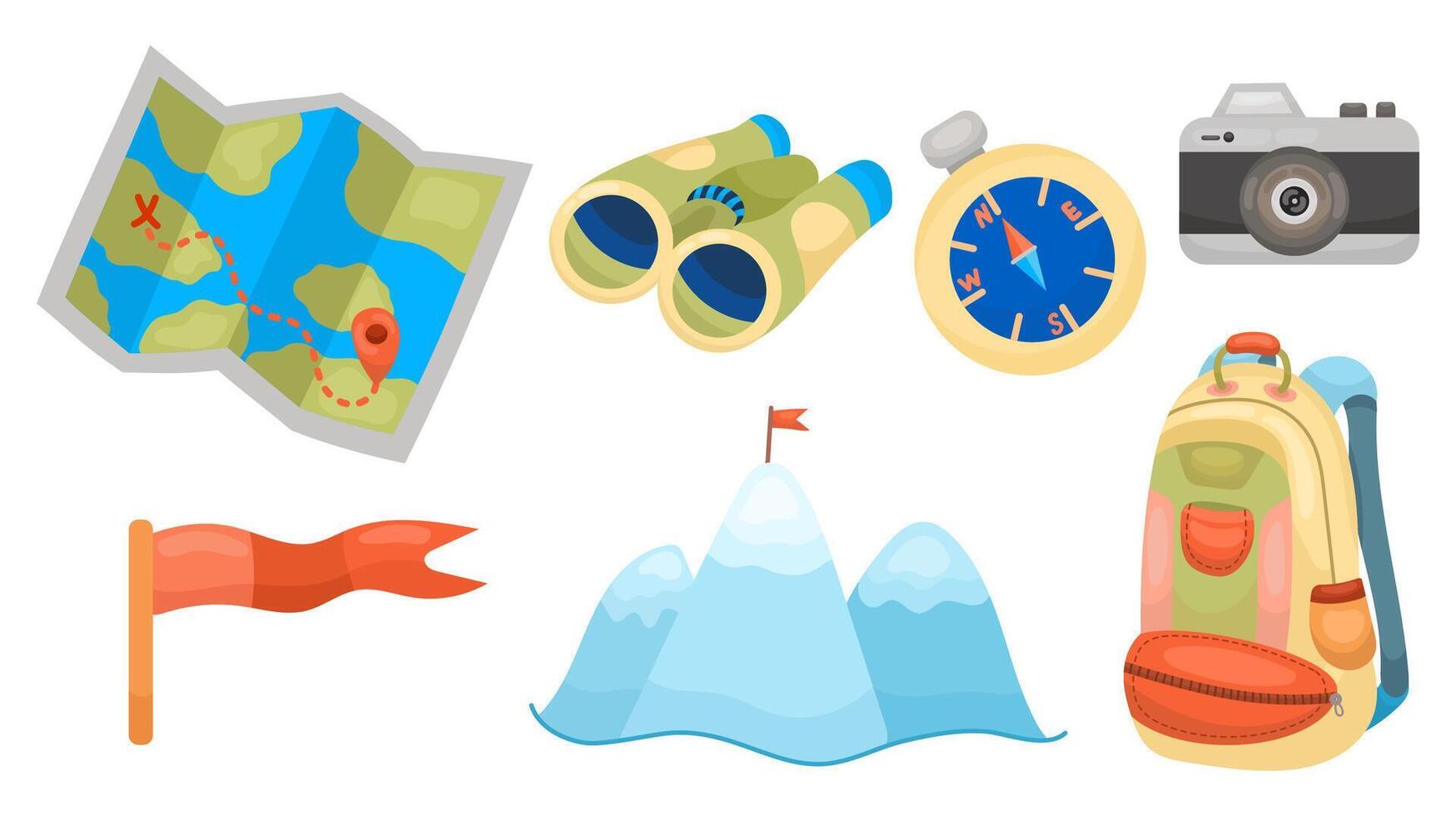 Set for tourism or camping in . Tourist backpack, compass, binoculars, map, mountains, camera, flag for achievements. vector