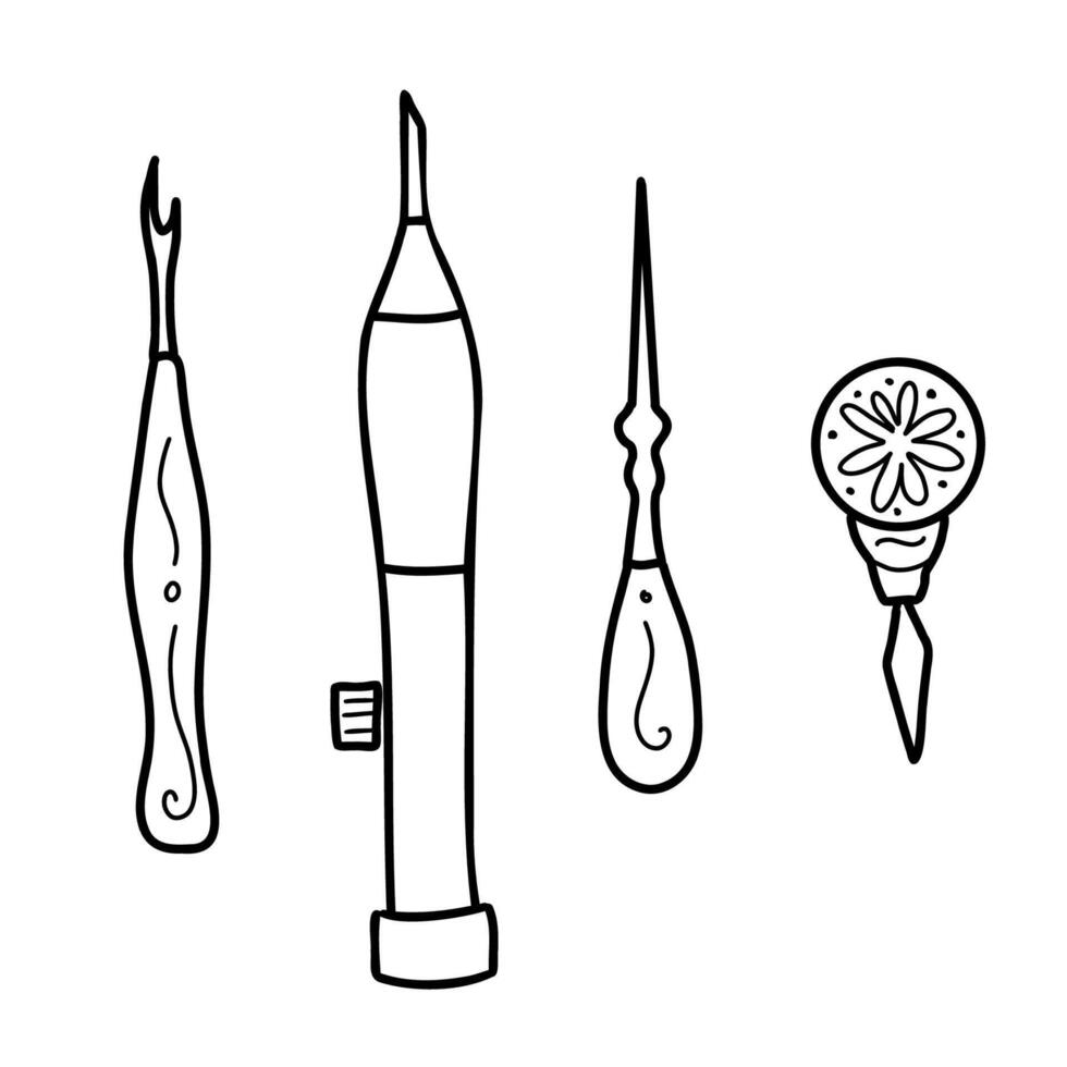 Set of Needlework Tools, Hand drawn Icons. Awl, Embroidery Needle, Seam Ripper and Needle Threader. Hand drawn Illustration in Doodle Style. Vintage Line art. vector