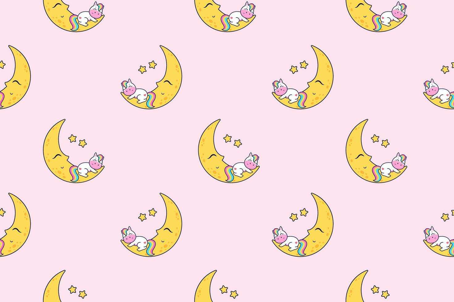Cartoon unicorn sleeps on the moon. seamless pattern vector