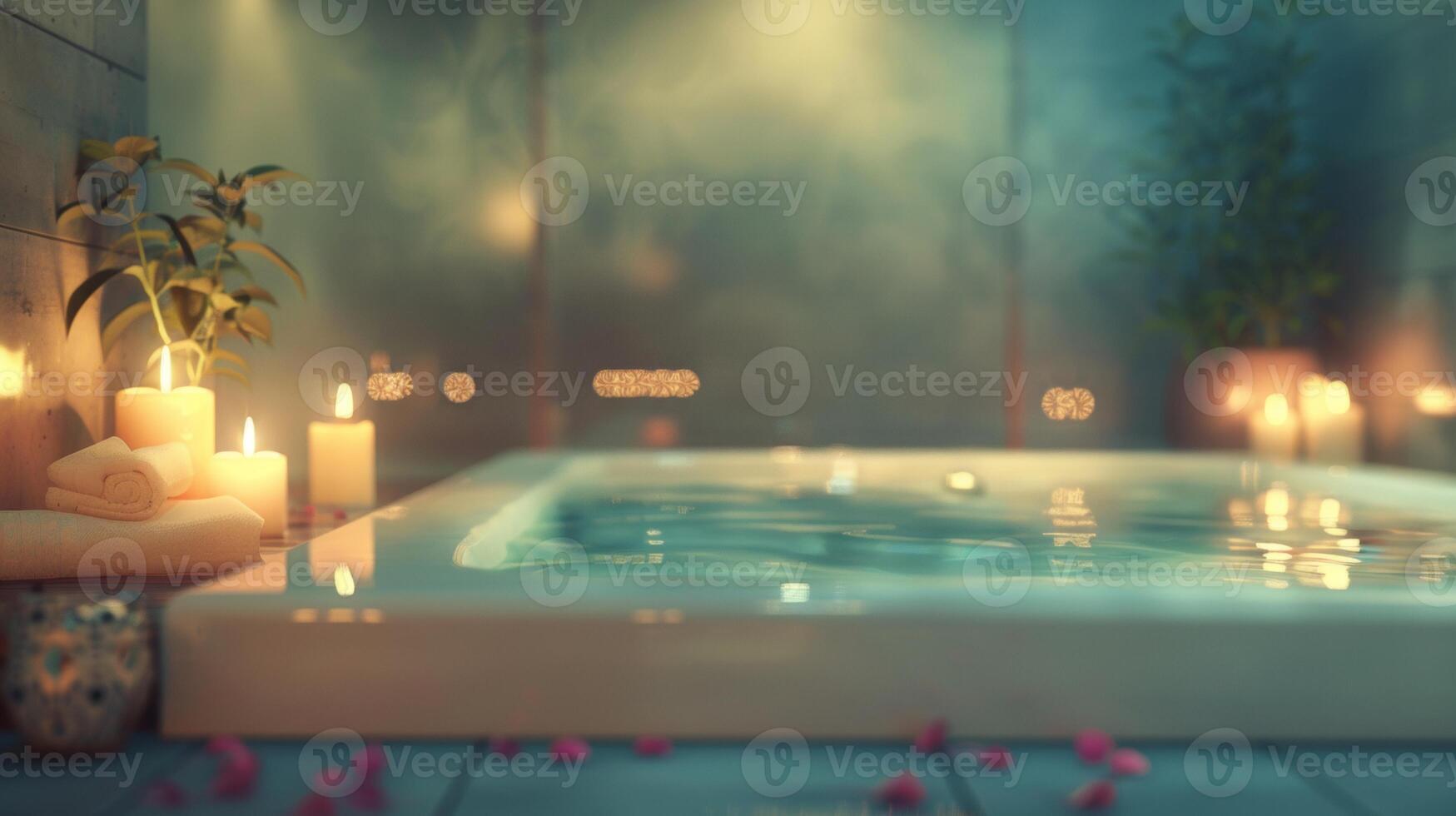 Luxurious spa bath setting with a serene atmosphere, featuring candles, soft towels, plants, and gentle water reflections. photo