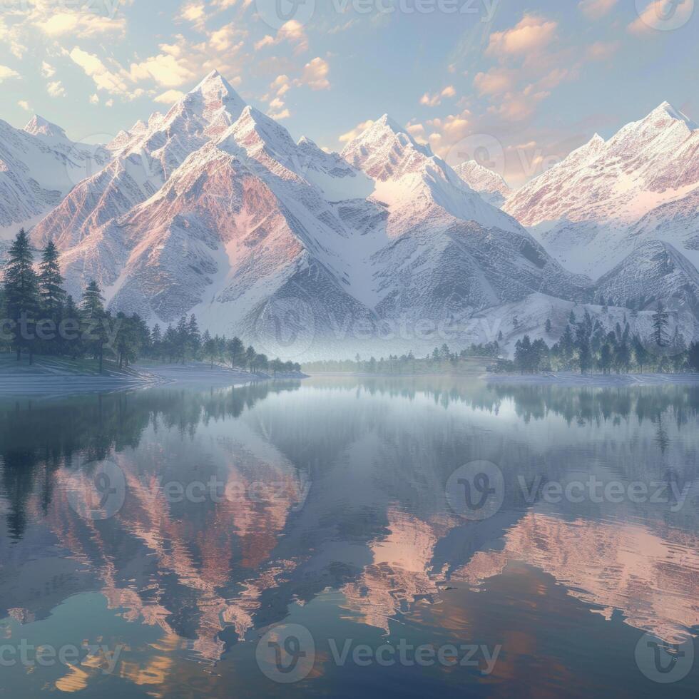 The soft glow of dawn lights up the snowy peaks of mountains, beautifully reflected in the still waters of a serene lake. photo