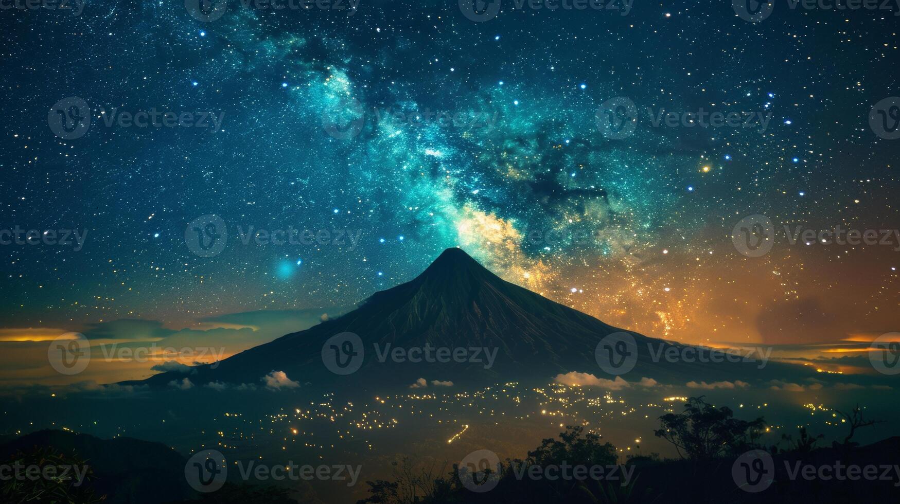 Stunning scene of the galactic core shining brightly above a majestic volcano, with twinkling lights from a village on the twilight horizon. photo