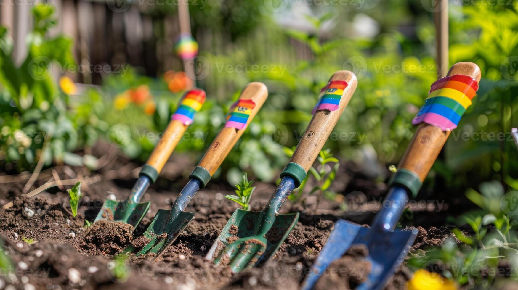 Close-up of garden trowels with rainbow handles stuck in the soil of a flower bed, ready for planting in a vibrant garden. photo