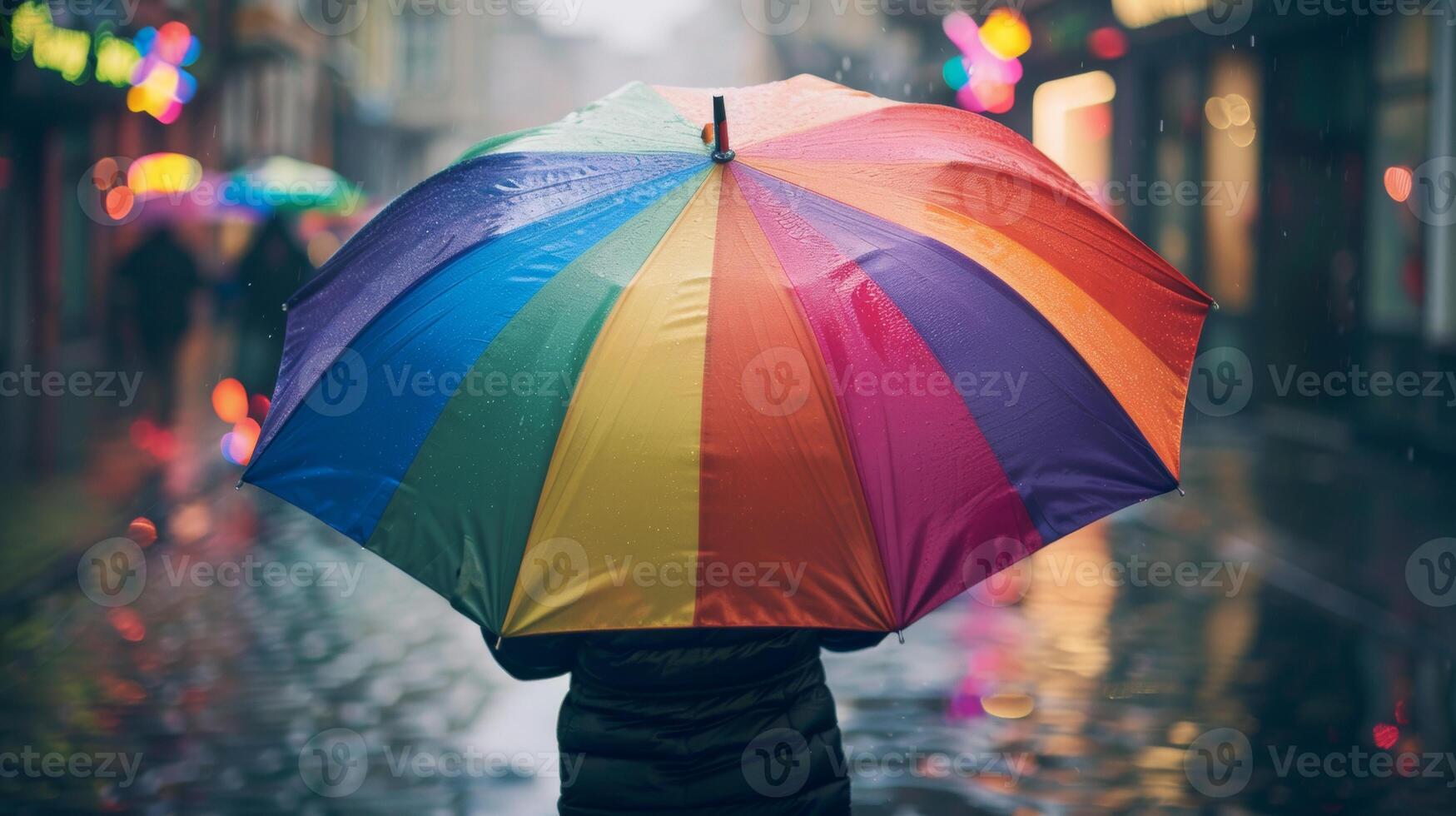 A person holds a vibrant rainbow umbrella while walking on a rainy city street, with colorful lights reflecting on wet pavement. photo