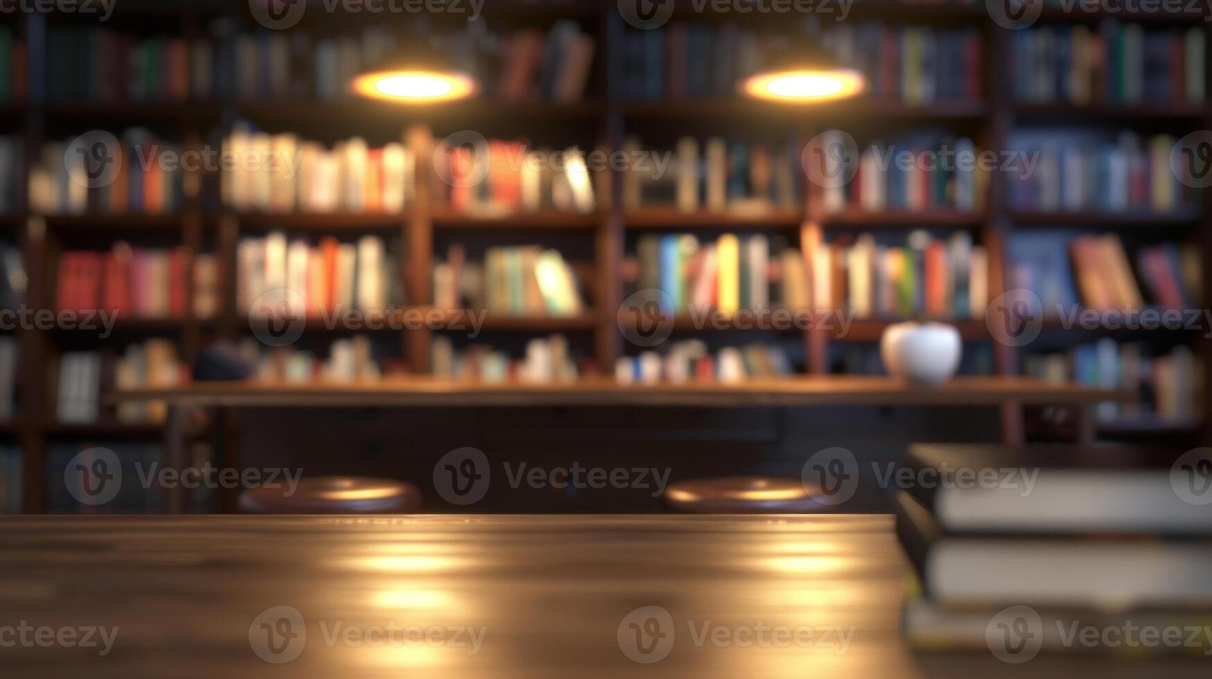 Blurred view of a warmly lit home library, showcasing wooden bookshelves filled with colorful books, highlighted by overhead lights. photo
