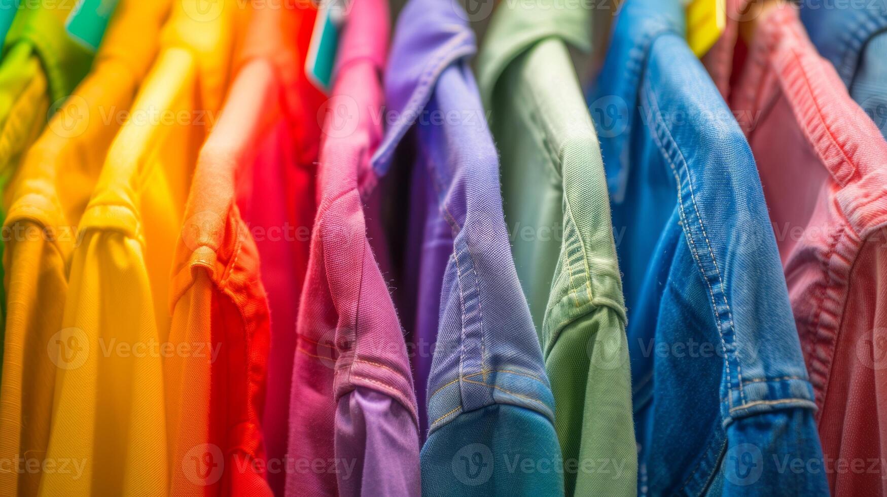 A close-up of vibrant, multicolored shirts neatly hanging in a row, showcasing a spectrum of colors in a clothing store. photo