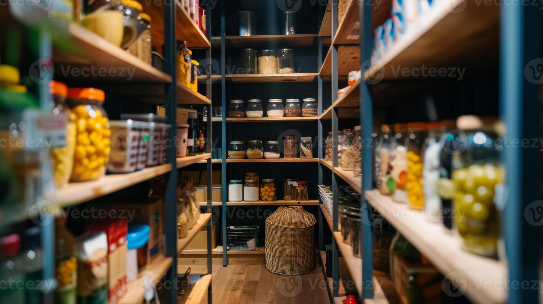 A detailed view inside a well-organized pantry with shelves stocked with a variety of food supplies, jars, and containers in a modern home. photo