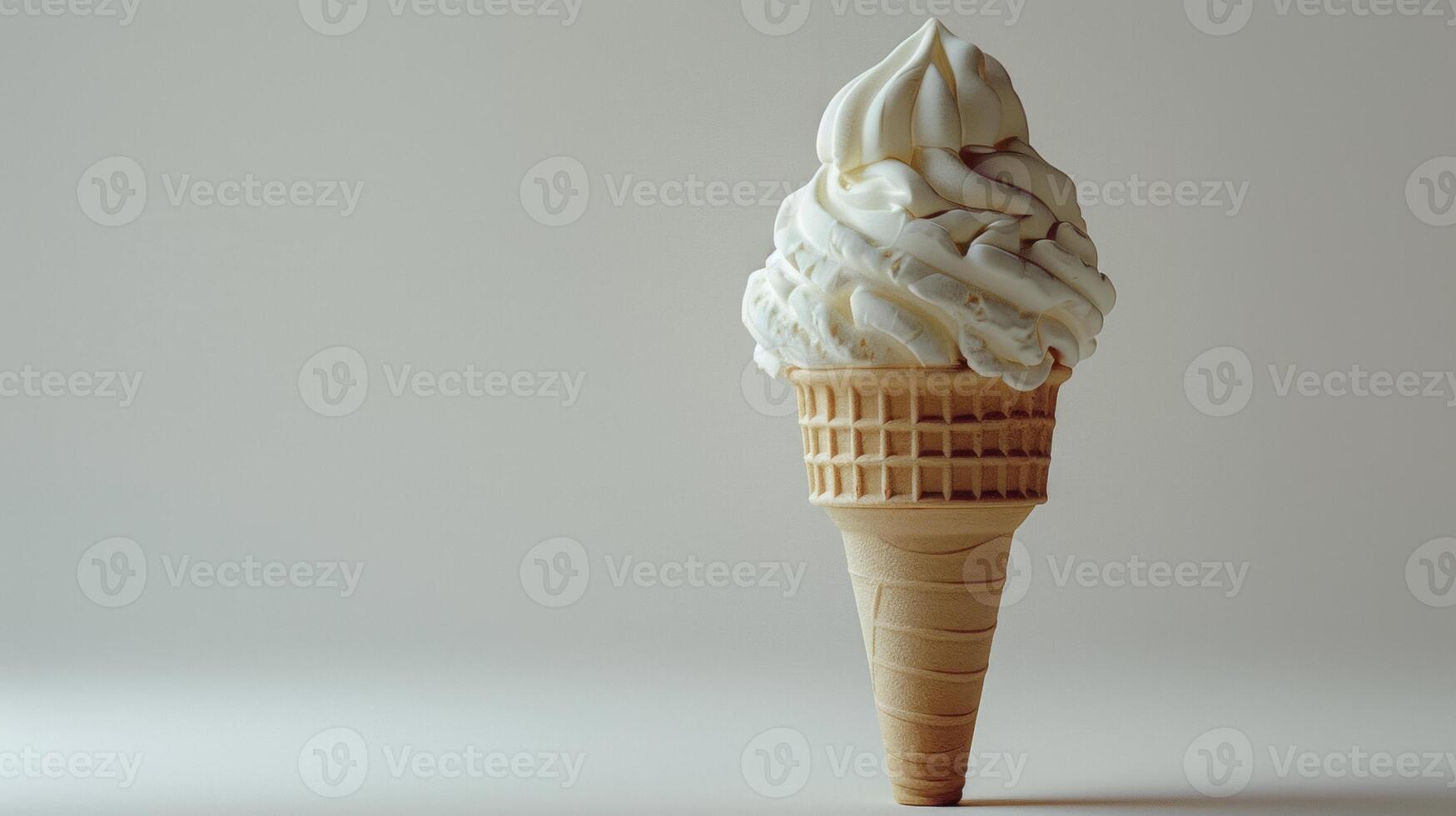 A timeless soft serve ice cream in a waffle cone stands against a neutral backdrop, highlighting its creamy texture and spiral peak. photo