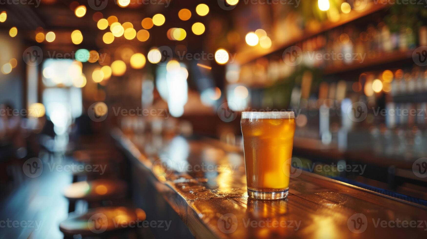 Craft beer served on a wooden bar in a cozy pub, featuring warm bokeh lights and a vibrant, inviting atmosphere. photo