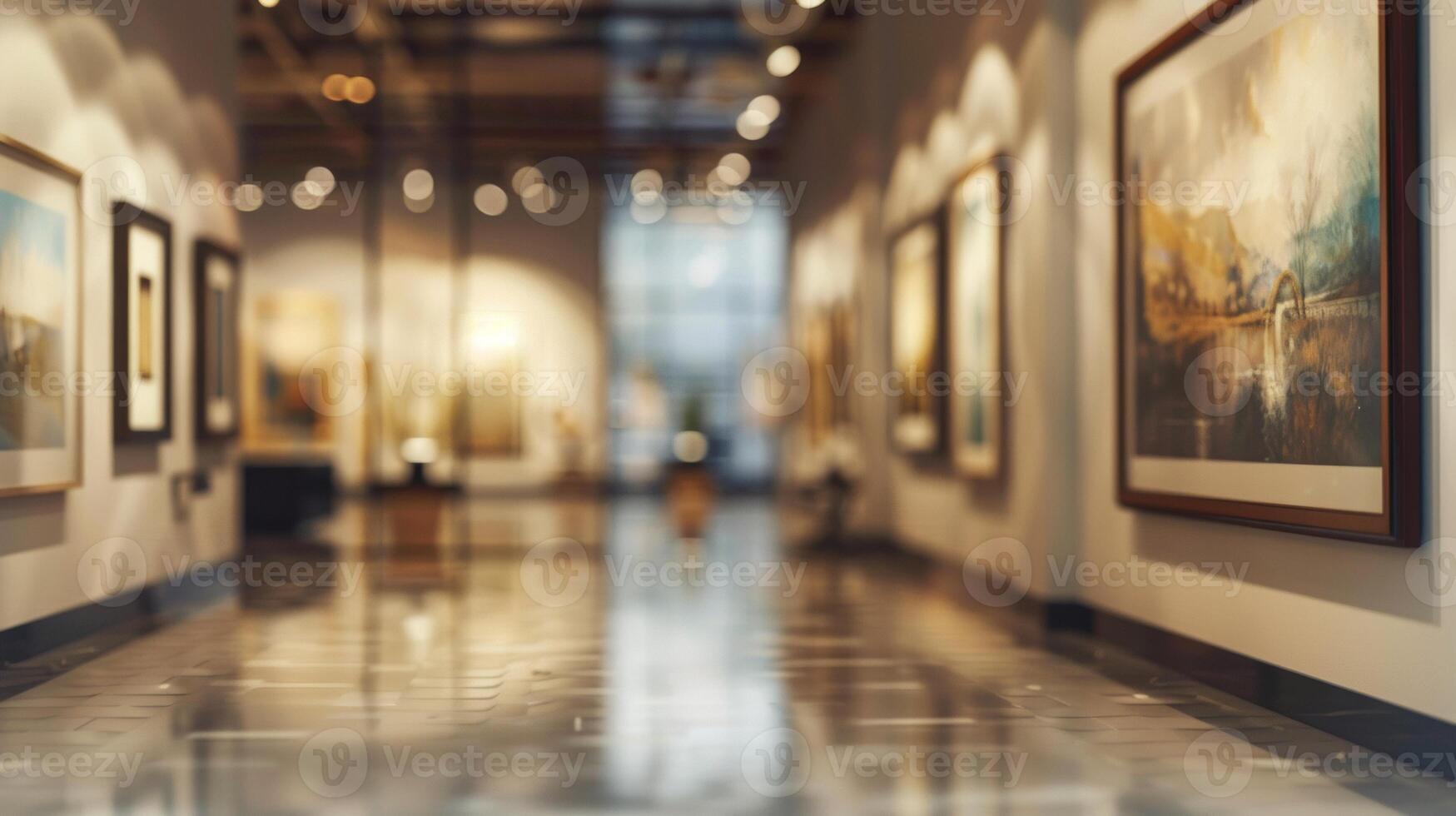 Interior view of an art gallery with blurred paintings on the walls, warm lighting, and shiny tiled floor. photo