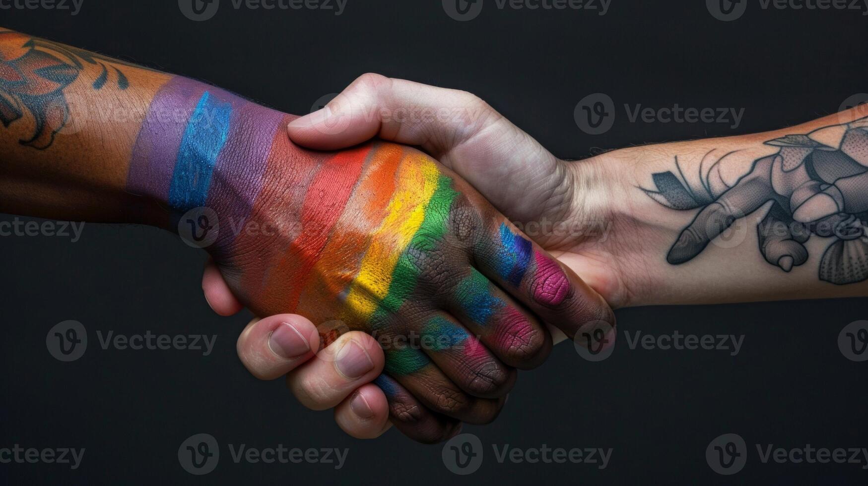 Close-up of a handshake between two people, one with rainbow-painted hand and the other with tattoos, symbolizing unity and diversity. photo