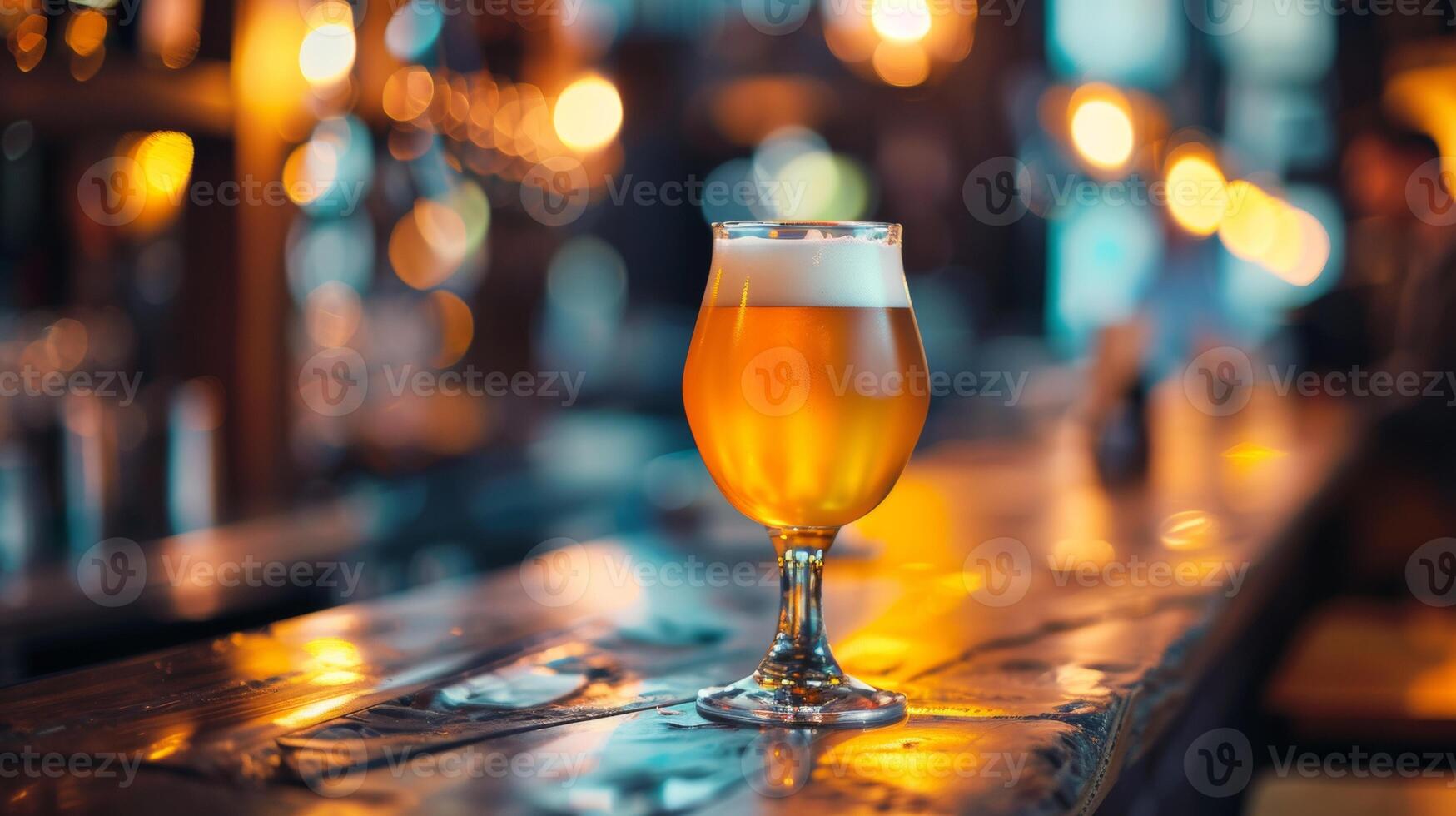 In a cozy pub, warm bokeh lights envelop the wooden bar where craft beer is served, fostering a vibrant and inviting ambiance. photo