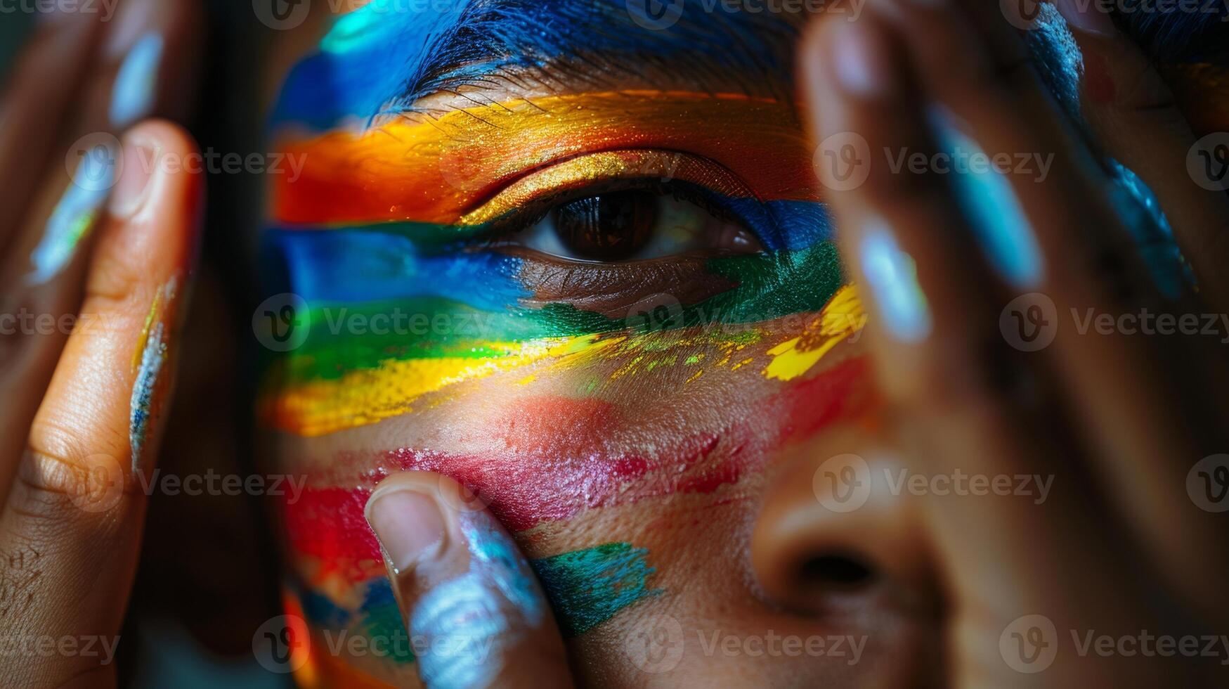 A detailed close-up of a person's face adorned with vibrant rainbow paint, highlighting expressive art and creativity. photo