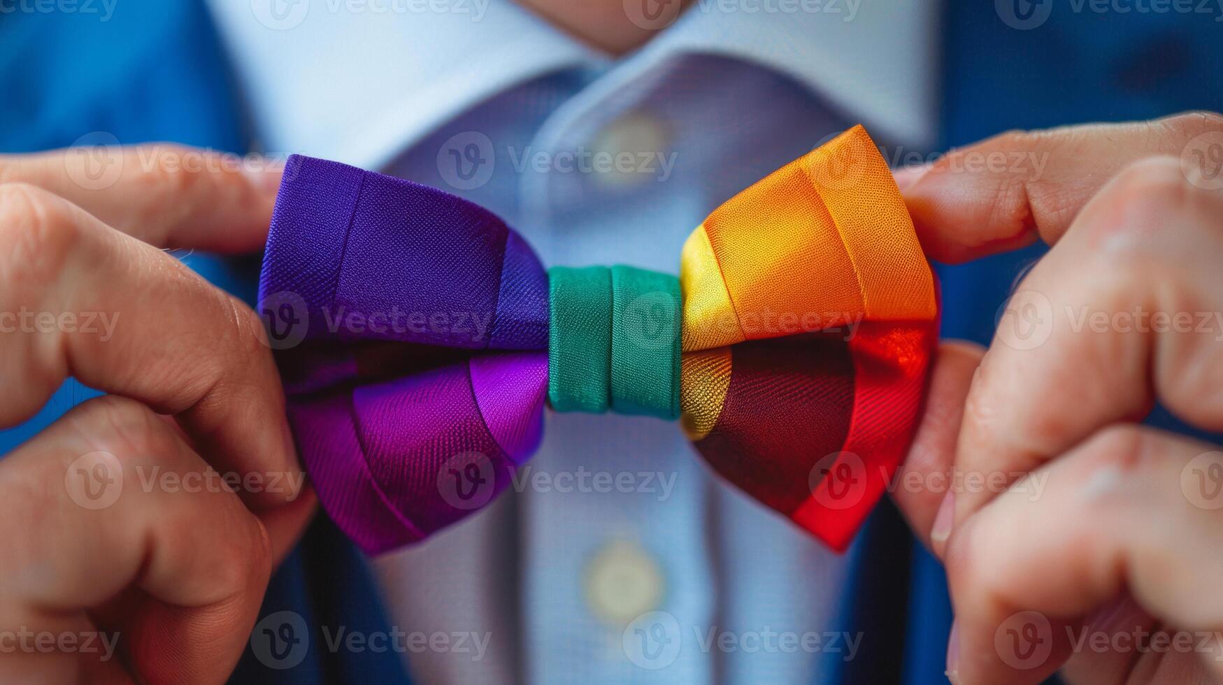 Close-up of a man adjusting a vibrant rainbow bow tie, symbolizing fashion, pride, and celebration of diversity. photo