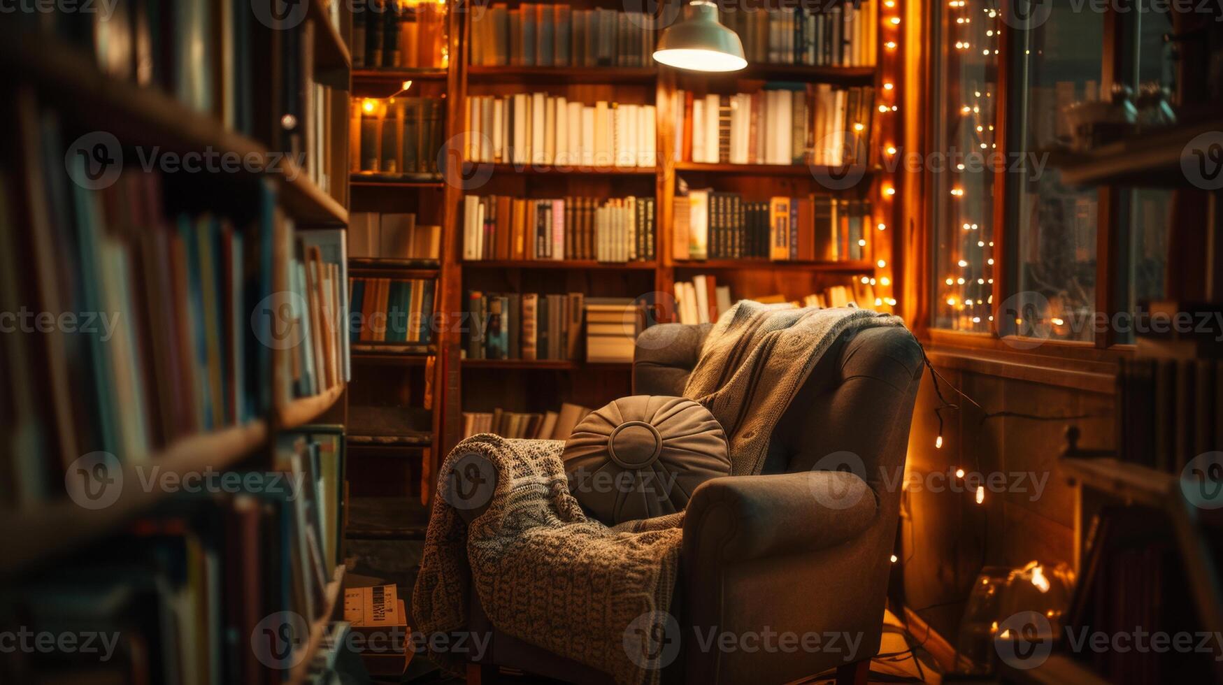 Vintage home library nook warmly lit by a pendant light, featuring a comfortable reading chair surrounded by towering bookshelves and festive lights. photo
