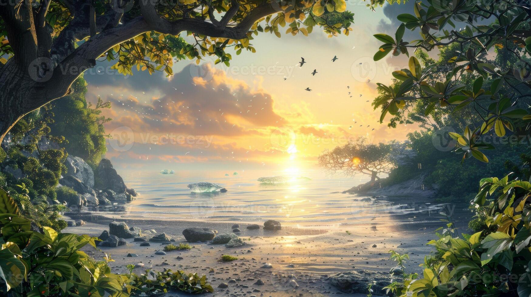 A peaceful tropical beach at sunset, with the sun casting golden light across the calm sea, complemented by flying birds and lush greenery. photo