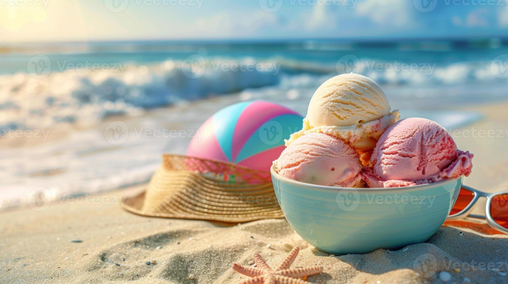 Ice cream scoops in a bowl on the beach, complemented by a sun hat, beach ball, and sunglasses, encapsulate the summer holiday spirit. photo