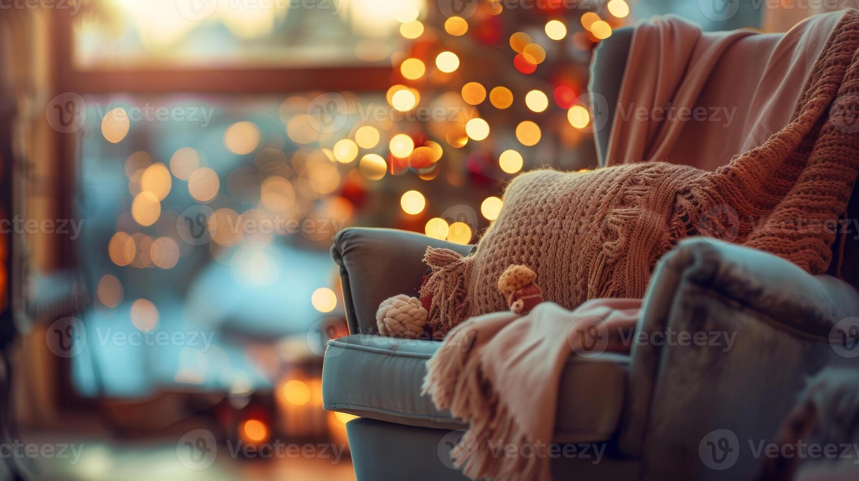 A cozy corner perfectly arranged for relaxation, featuring a comfortable armchair adorned with a knitted throw and surrounded by warm festive lights. photo