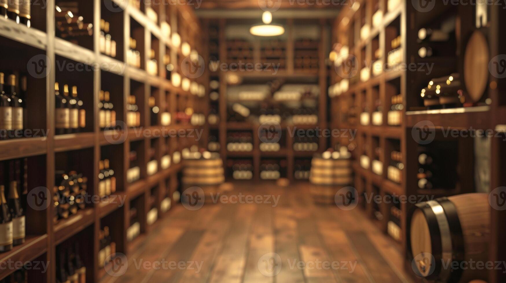 Blurred view of an elegant wine cellar, richly adorned with wooden shelves filled with an extensive collection of wine bottles, creating a sophisticated atmosphere. photo