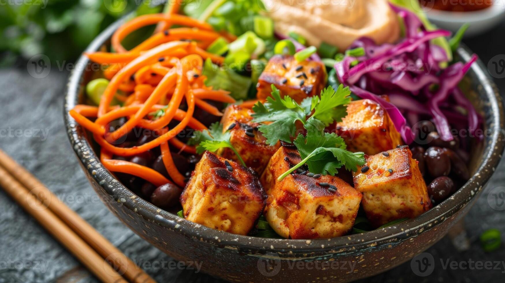 A vibrant bowl of spicy tofu, spiralized carrots, red cabbage, and black beans, garnished with fresh cilantro and served with hummus. photo