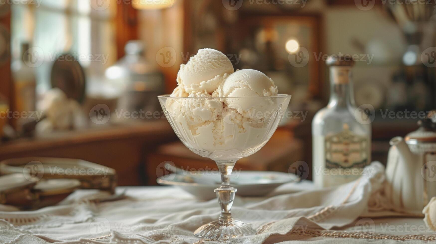 Scoops of rich vanilla ice cream served in an elegant glass bowl, set on a table with a cozy, rustic kitchen backdrop. photo