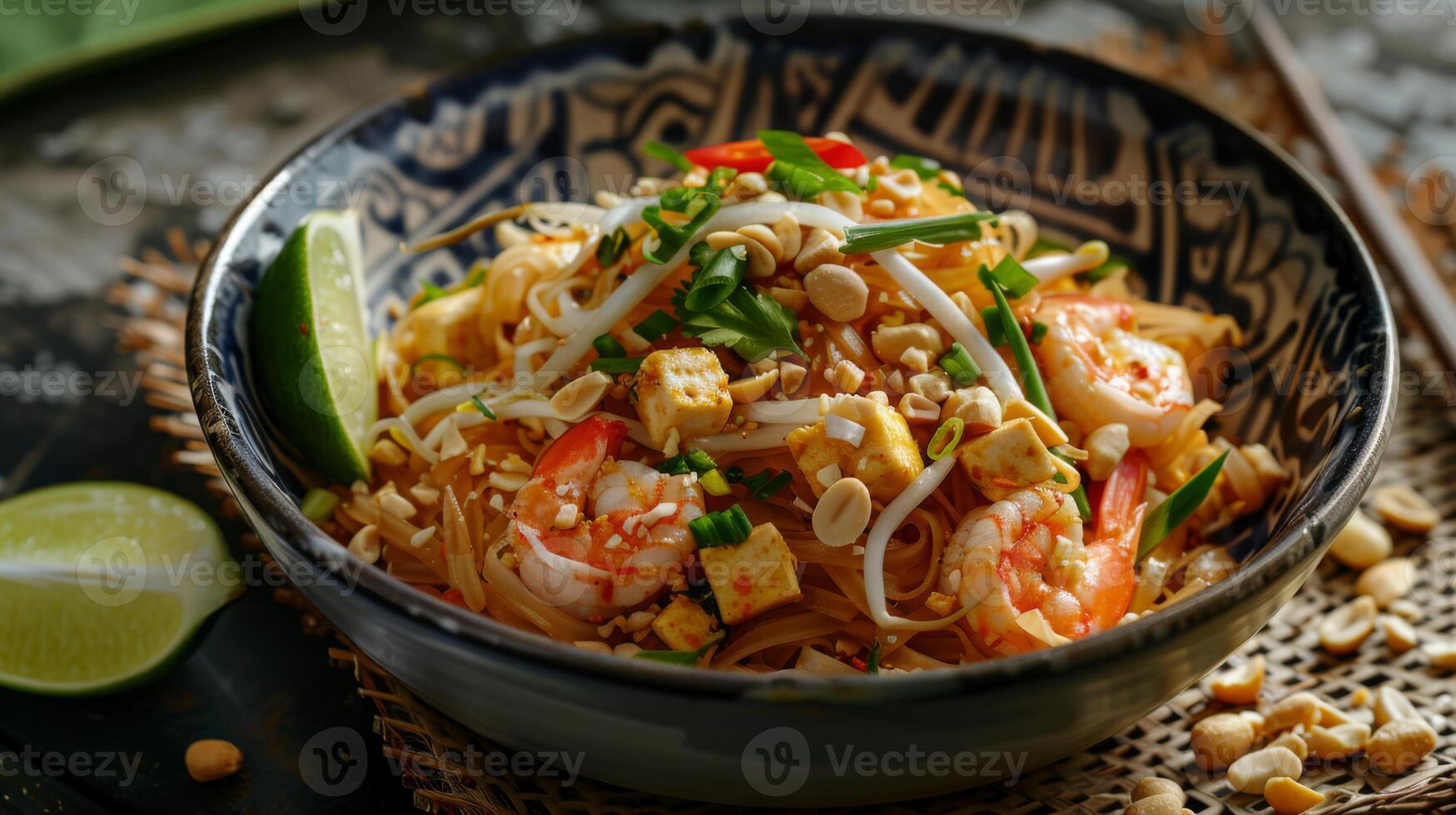 Authentic Pad Thai with succulent shrimp, noodles, and peanuts, served with a wedge of lime in an ornate bowl. photo