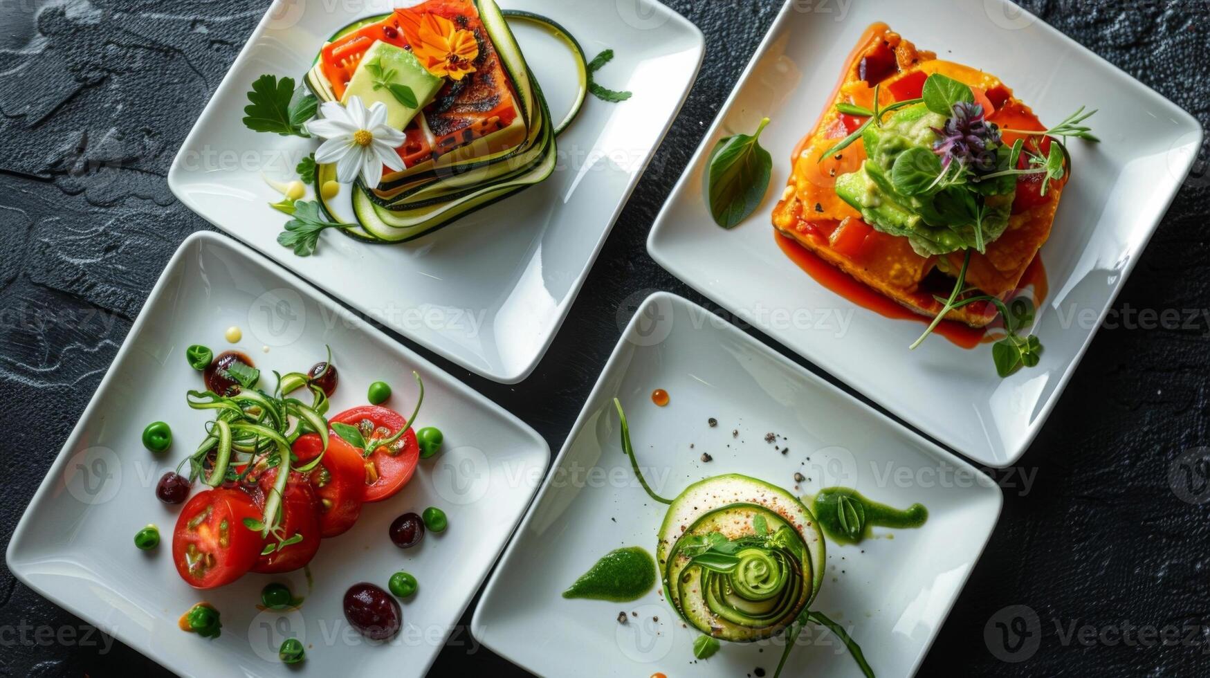 Elegant presentation of vegetable terrines on white plates, adorned with edible flowers, herbs, and a vibrant green sauce. photo