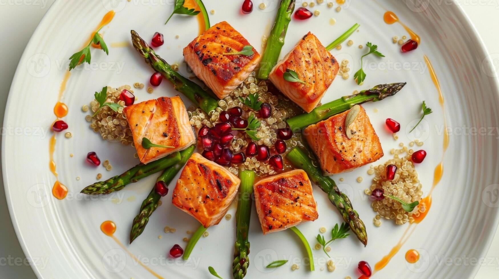 Elegant dish of pan-seared salmon cubes over a bed of quinoa and asparagus, garnished with pomegranate seeds and a delicate sauce. photo