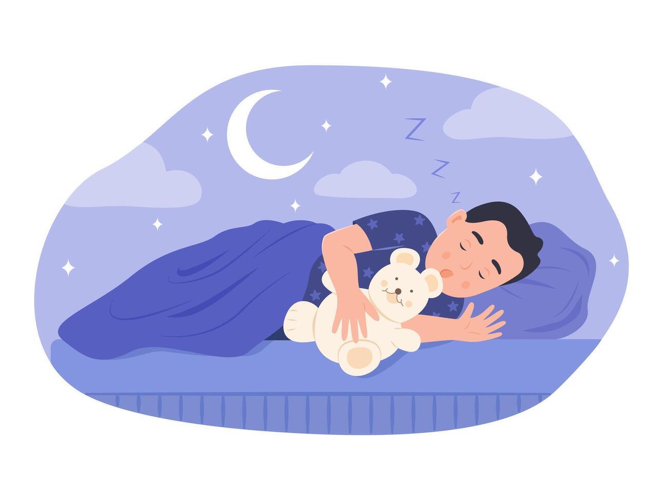 Cute Kid Boy Hugging Teddy Bear and Sleeping in Bed at Night vector