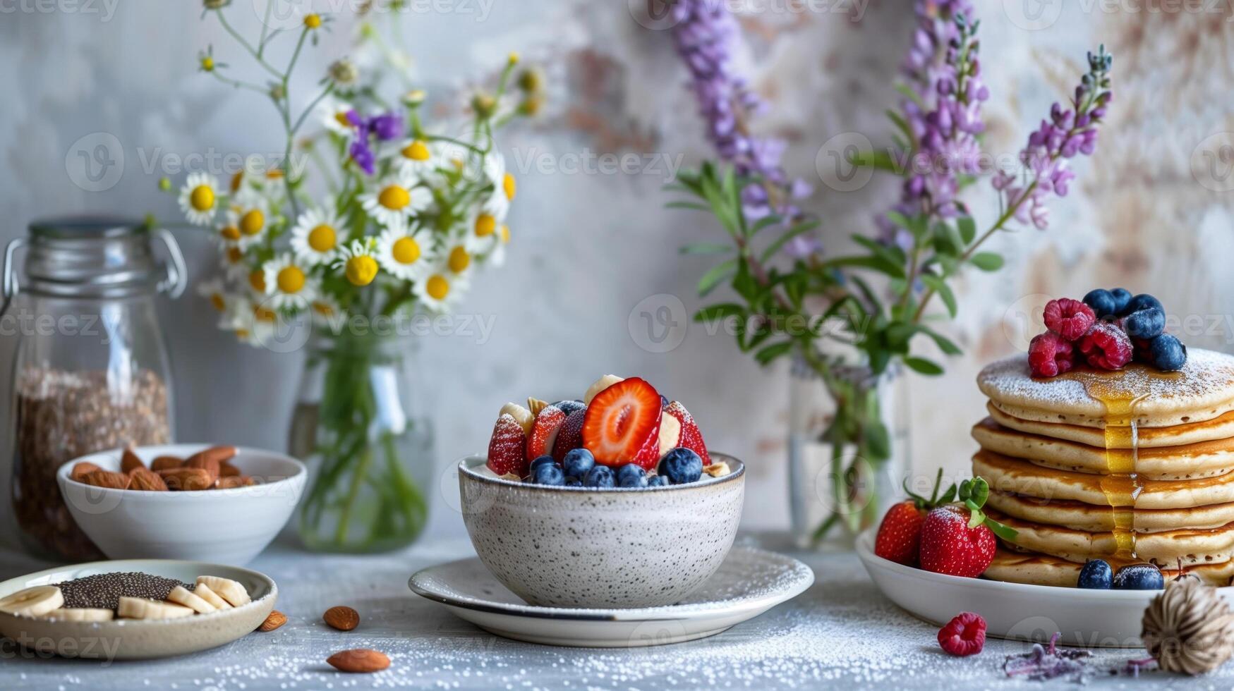 Stack of pancakes topped with fresh berries and honey, alongside a bowl of chia pudding and almonds, with a floral backdrop. photo