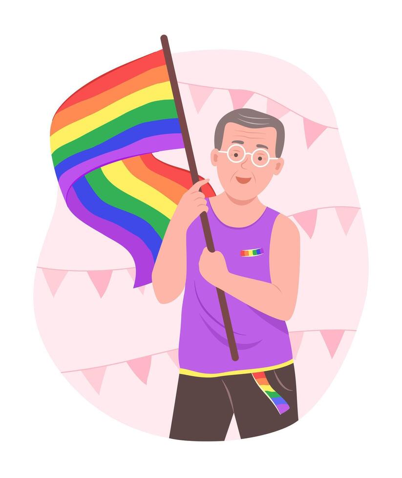 Elderly Gay Man Holding the LGBT Rainbow Flag for Gay Pride Celebration Concept Illustration vector