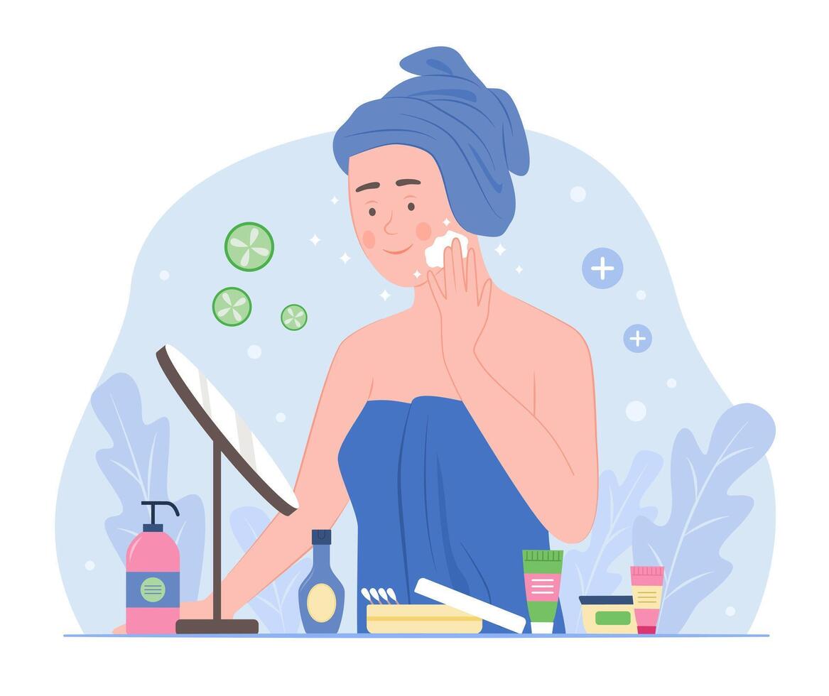Healthy Woman Cleaning Her Face for Beauty Skin Treatment Concept Illustration vector