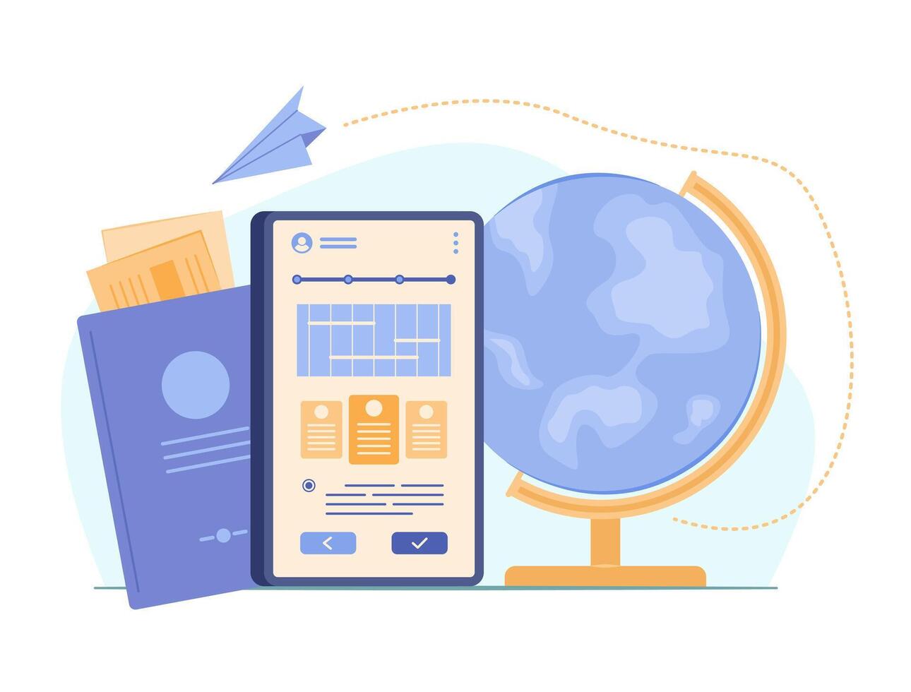 Online Travel Itinerary Booking on Smartphone with Passport and Earth Globe for Travel Concept Illustration vector