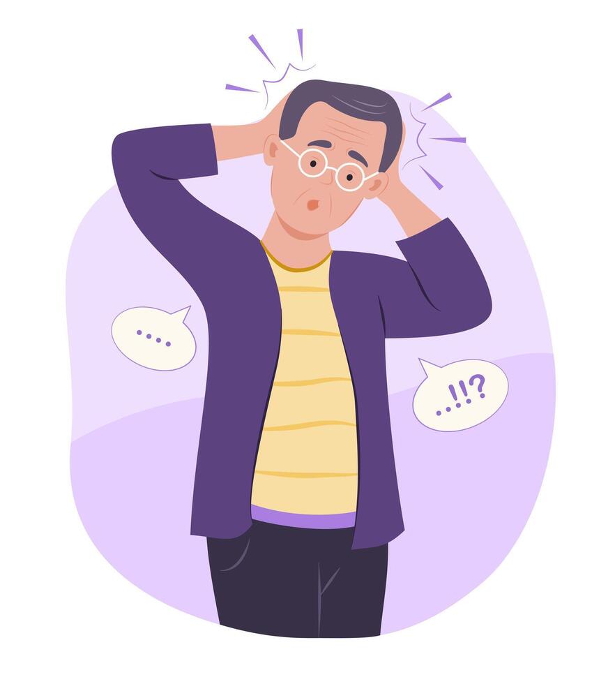 Senior Man Suffering from Headache, Migraine and Dizziness for Healthcare Concept Illustration vector