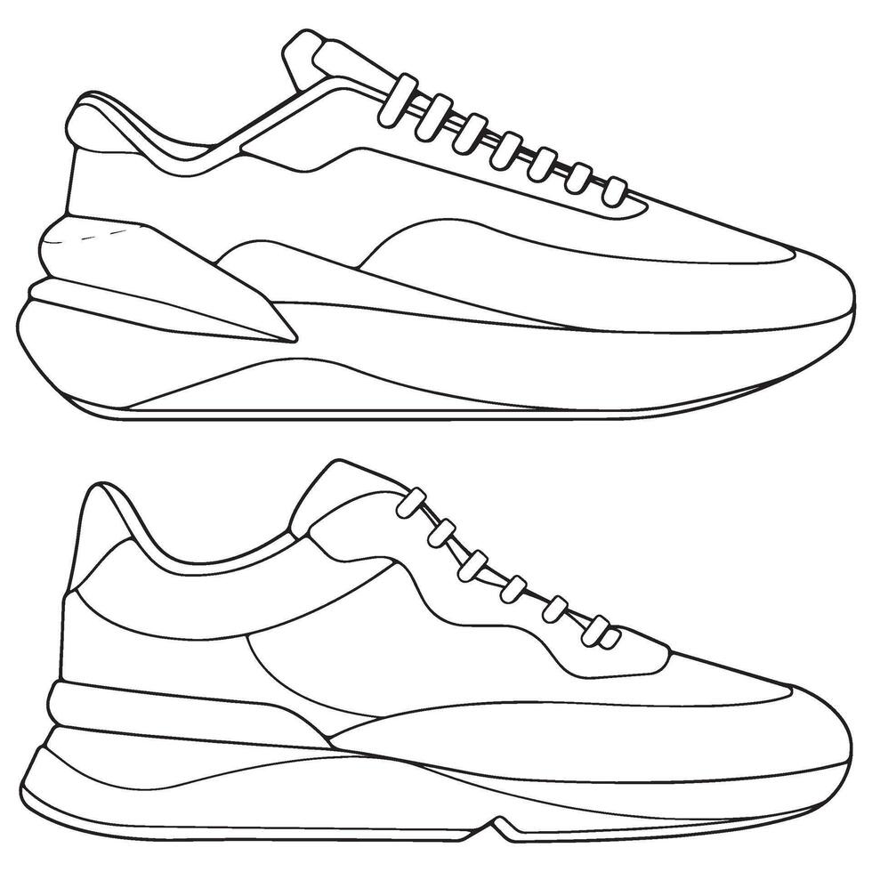 set of outline Cool Sneakers. Shoes sneaker outline drawing , Sneakers drawn in a sketch style, sneaker trainers template outline, Set Collection. Illustration. vector