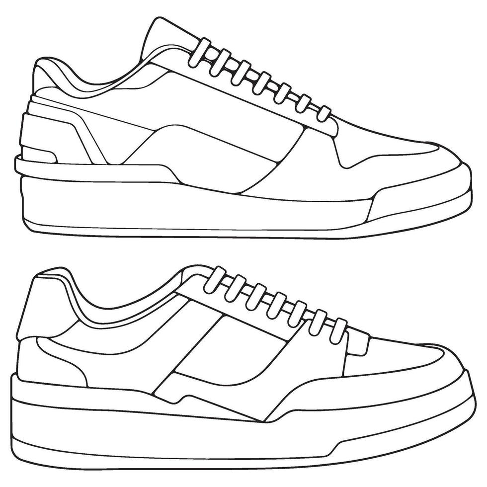 set of outline Cool Sneakers. Shoes sneaker outline drawing , Sneakers drawn in a sketch style, sneaker trainers template outline, Set Collection. Illustration. vector