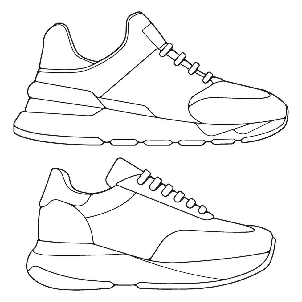set of outline Cool Sneakers. Shoes sneaker outline drawing , Sneakers drawn in a sketch style, sneaker trainers template outline, Set Collection. Illustration. vector