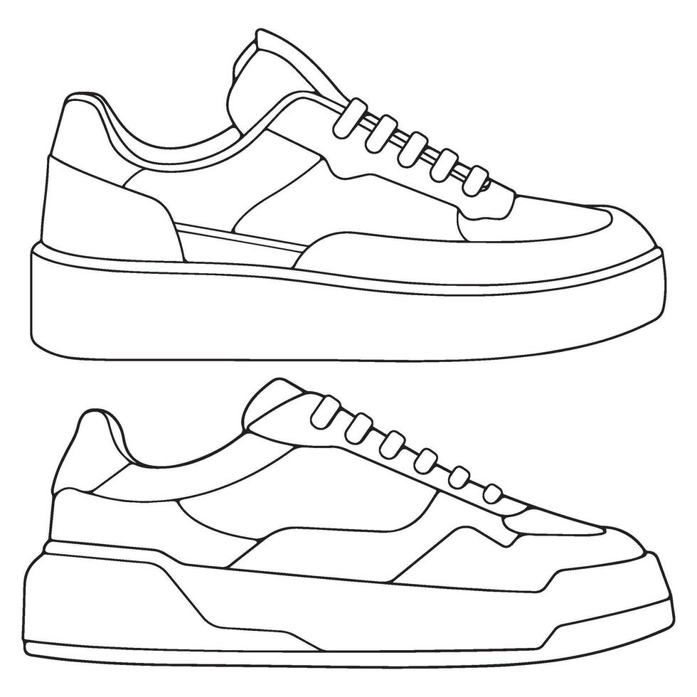 set of outline Cool Sneakers. Shoes sneaker outline drawing , Sneakers drawn in a sketch style, sneaker trainers template outline, Set Collection. Illustration. vector