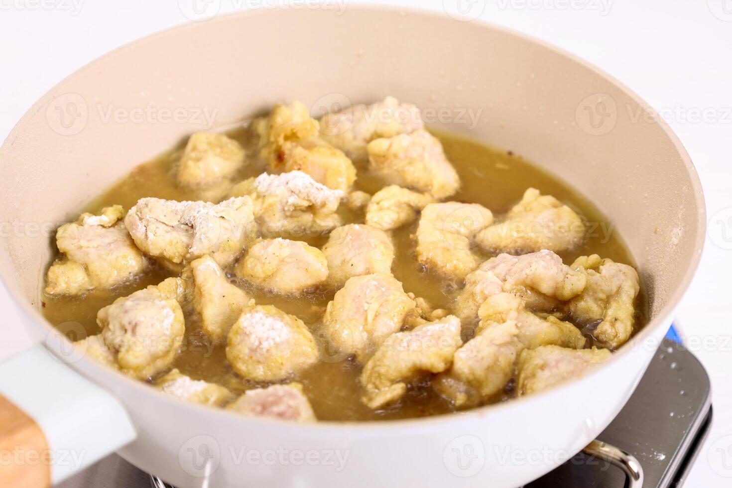 Frying Chicken Karaage Popcorn, Chunky Chicken Coated with Flour photo