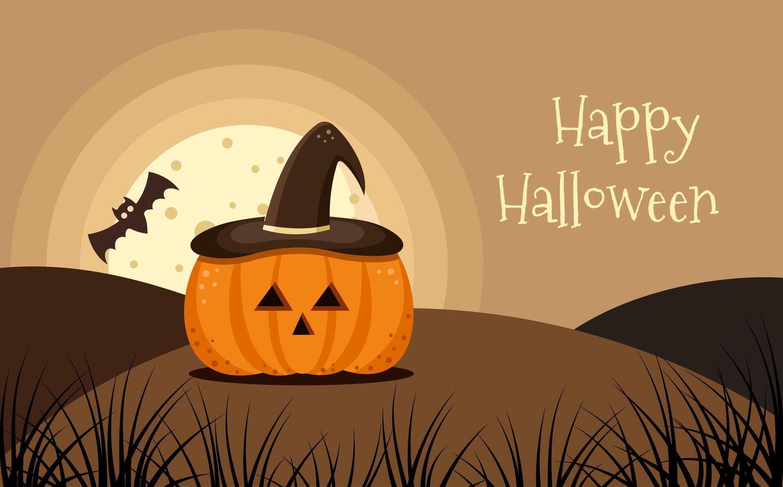 Happy Halloween. Pumpkin in a witch's hat and a full moon night. Greeting card, poster, banner. illustration. vector