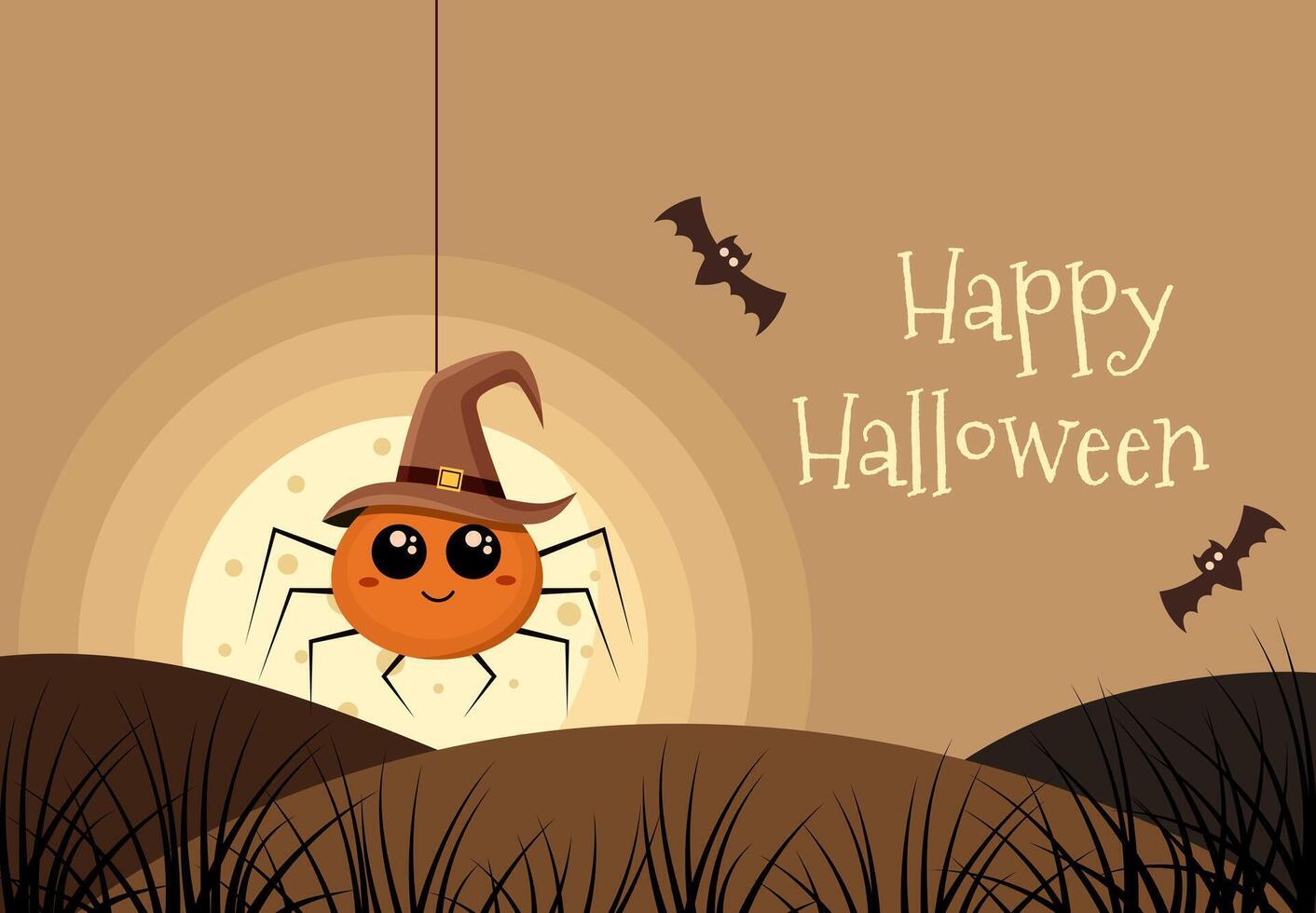 Happy Halloween. Cute cartoon spider wearing a witch hat and a full moon night. Greeting card, poster, banner. illustration. vector