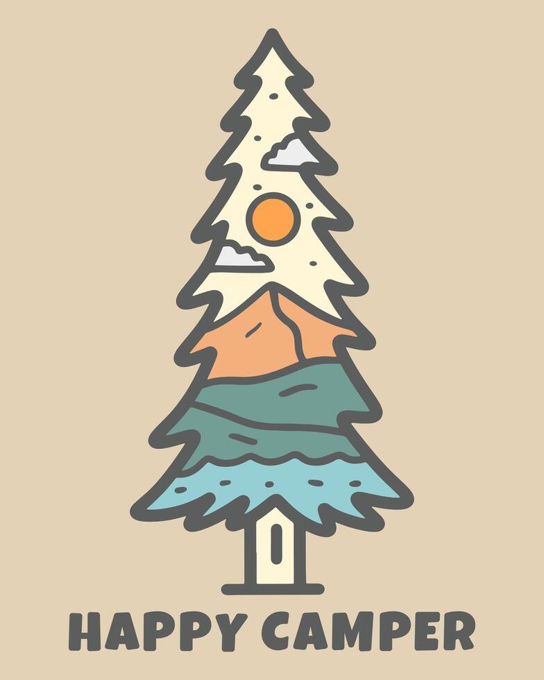 The mountain and nature outdoor in trees shape illustration for badge, sticker, patch, t shirt design, etc vector